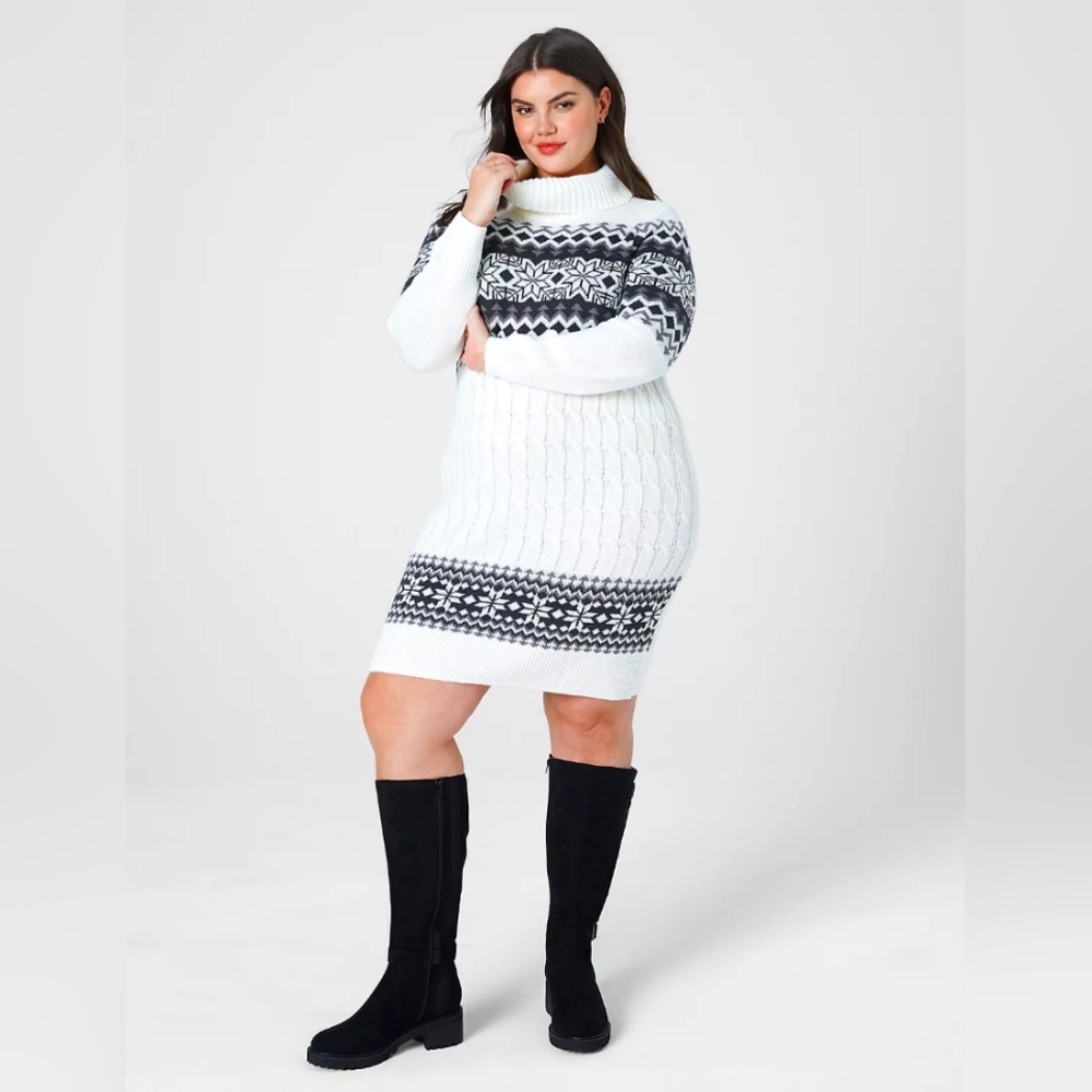 Cowl-Neck Fair Isle Sweater Dress